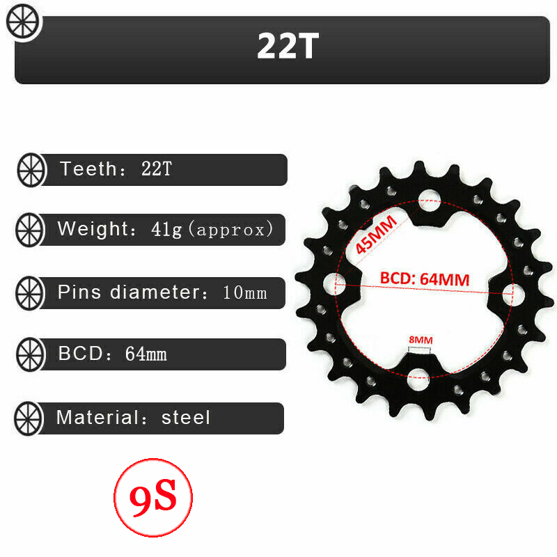 Plato de bicicleta 104BCD 64BCD 22/24/26/32/38/42/44T, plato de bicicleta de 9/10 velocidades para platos y bielas de doble/triple velocidad: 9S 64BCD-22T
