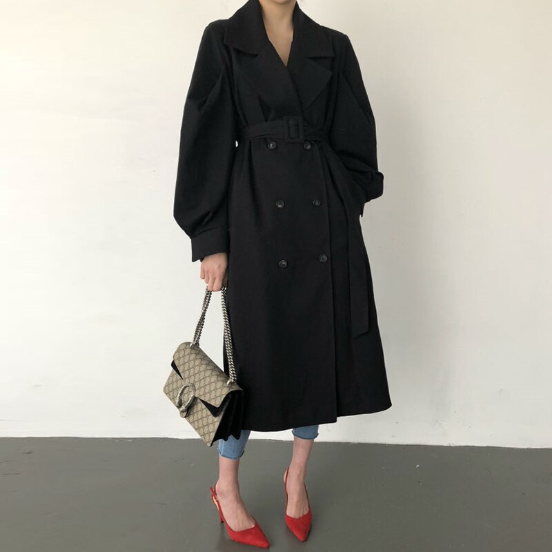 Female Puff Aelegantmis Korean Casual Loose Sashes Trench Coat... – Grandado