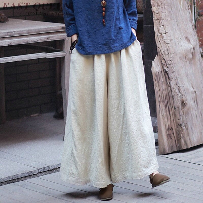 Culotte Palazzo en lin de style chinois pour femme, pantalon à jambes larges, ample, baggy, , FF1268