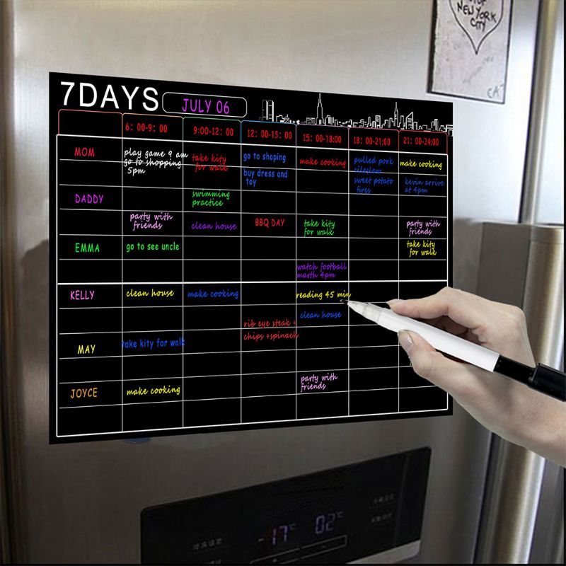 Planificador semanal de pizarra blanca magnética grande seca de 7 días y organizador de lista de comestibles para refrigerador de cocina con 8 plumas de pc 1pc B