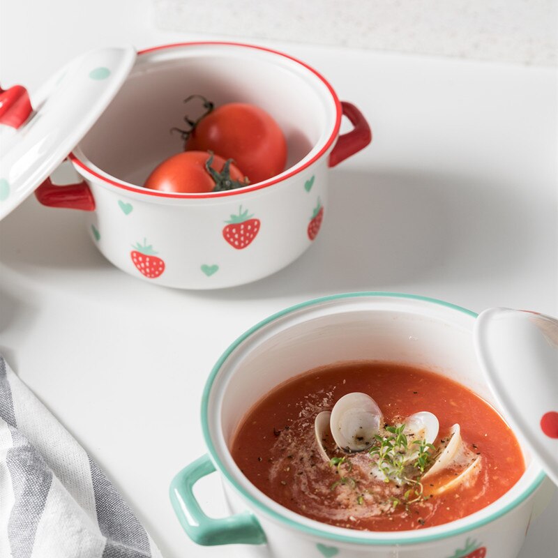 Strawberry Pattern Ceramic Bowl with Double Handles and Cover 700ml Noodle Bowl Soup Bowl Classical Style