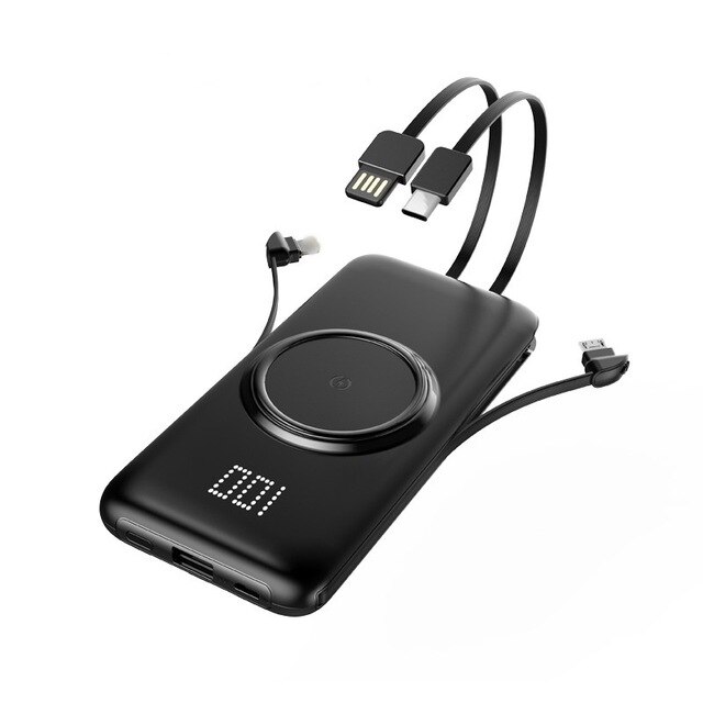 20000mAh Wireless Power Bank For Xiaomi iphone powerbank 10000mAh Invisible Power Display Portable External Battery With Cable: 20000mah / Black