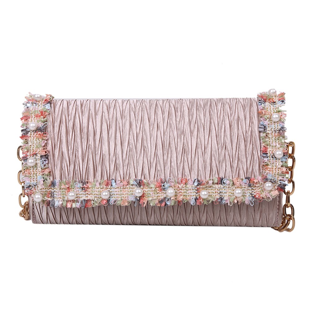 Prachtige boodschappentas, draagbare dames nylon schoudertas met geplooide pareldecoratie, handtassen voor dames, party clutch: Lichtbruin