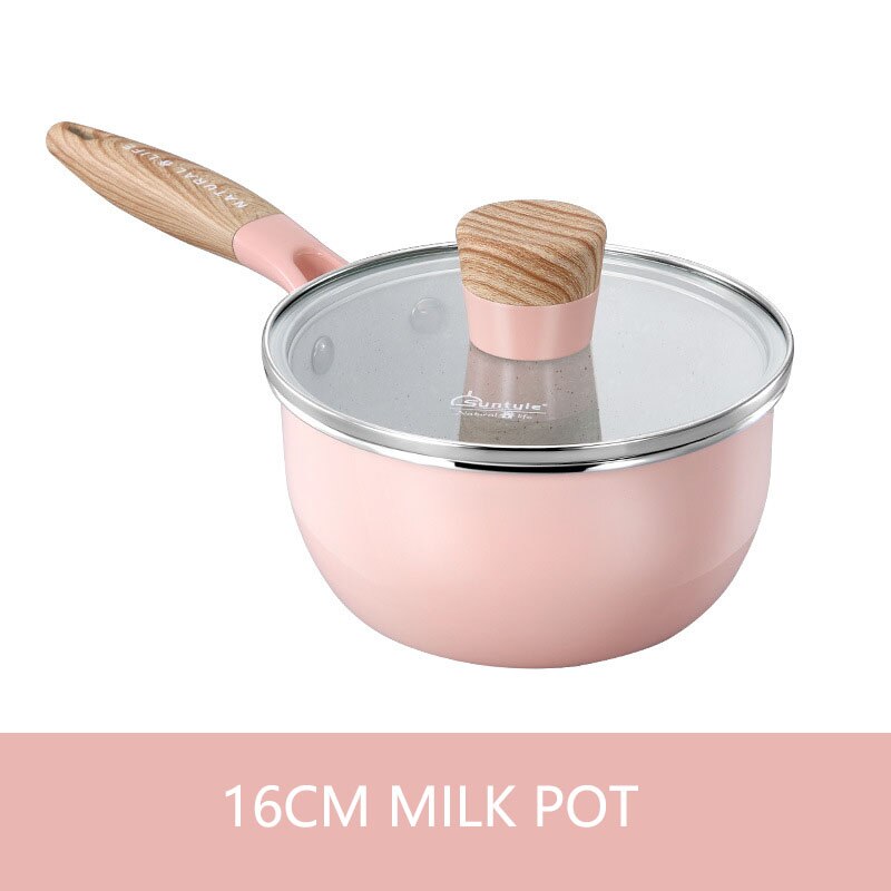 Non Stick Frying Pan With Wooden Handle Cooking Pot Set Breakfast Crepe Maker Pan Korean Cookware Saucepan Ramen Milk Pot: pink 16cm milk pot