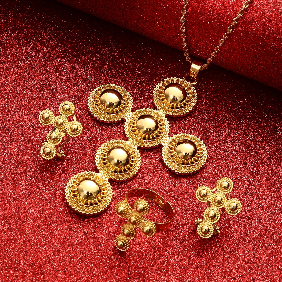 Set di gioielli con croce etiope orecchini con collana Color oro anello Habesha Africa regali di nozze