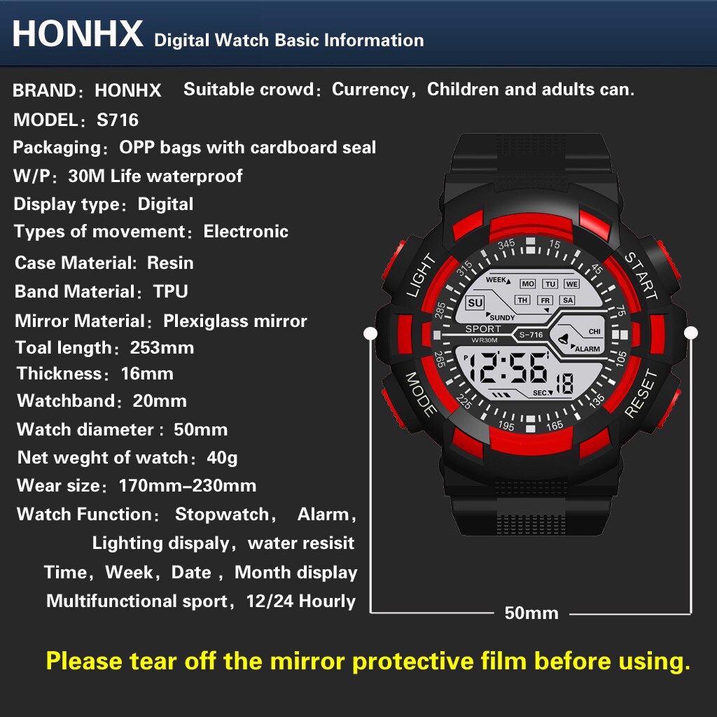 Mode Mannen Sport Elektronische Digitale Horloge Groot Scherm Sport Horloge Voor Man Multifunctionele Outdoor Waterdichte Horloge