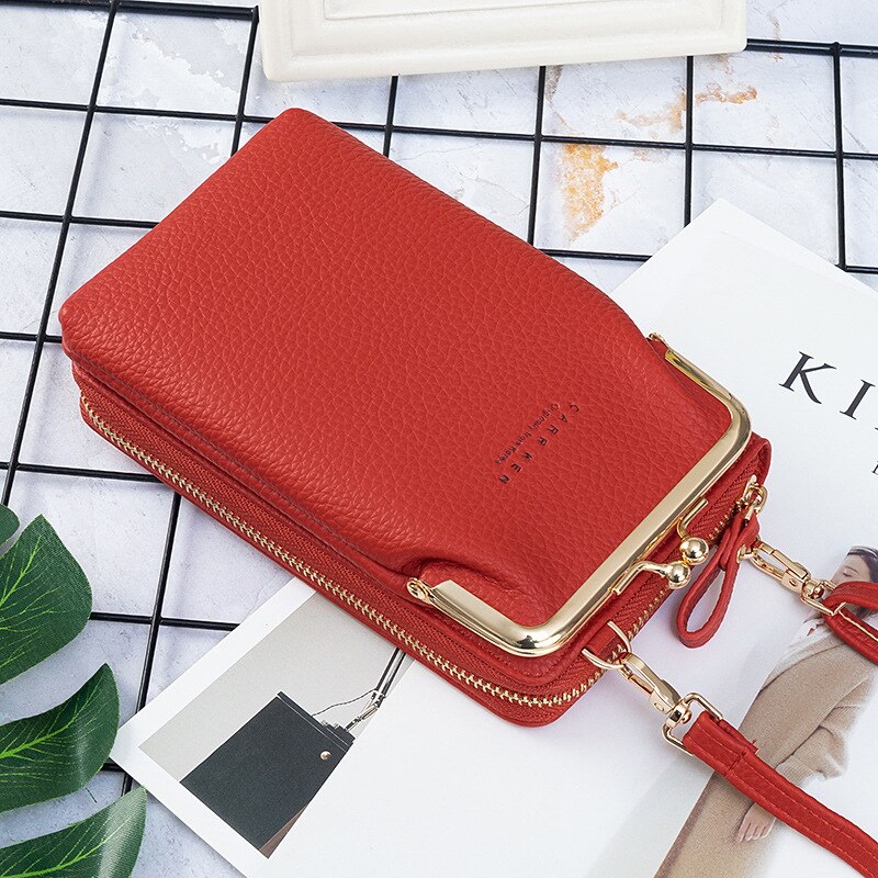 Vrouwen Lange Portemonnee Schoudertas Purse Rits Telefoon Zak Kaarthouder Effen Messenger Top Mode Kleine Pu Luxe Handtas: red