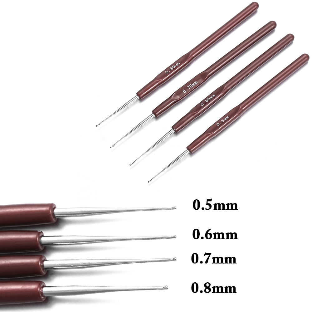 4 Pcs/Lot 0.5Mm 0.6Mm 0.7Mm 0.8Mm Hook Needle Crochet Micro Hook For Making Braiding Dreadlock Hair Tools Smooth Plastic Handle