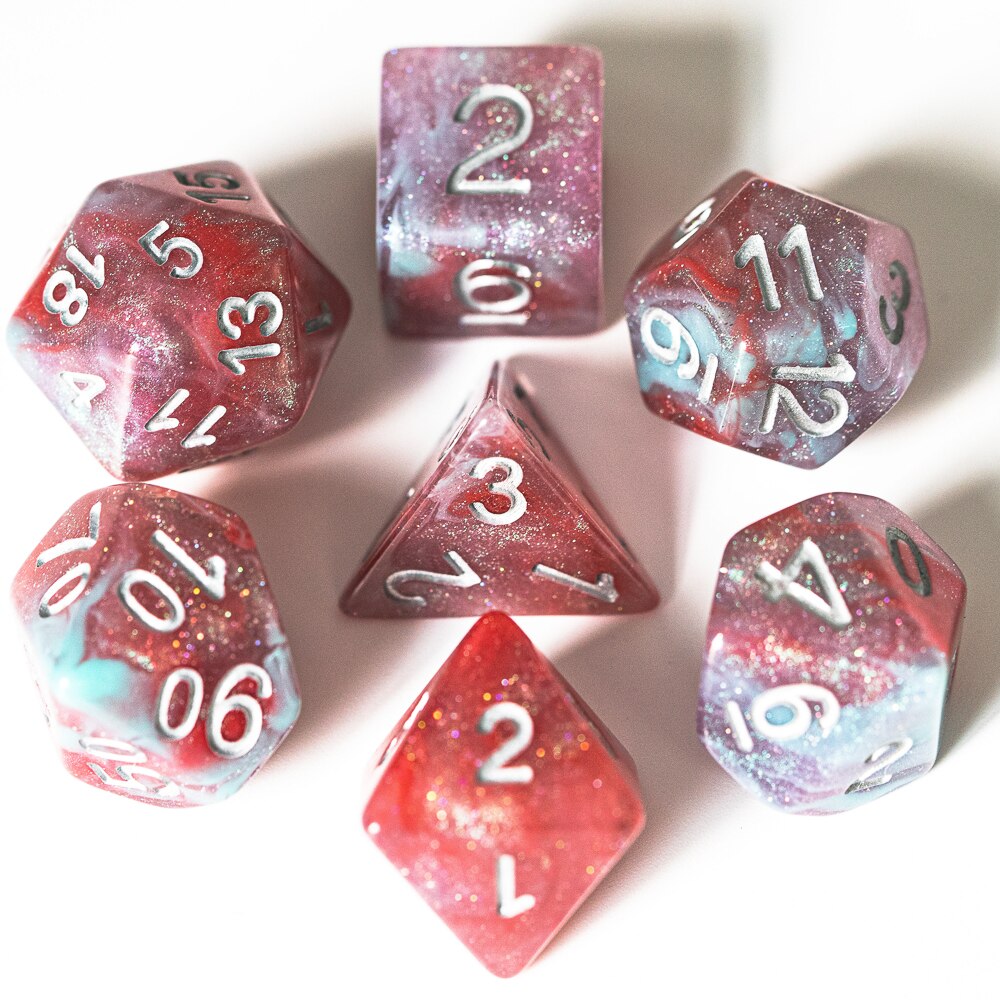 7 stk/sæt sparkle galaxy dnd terninger d&d terninger  d4 d6 d8 d10 d% d12 d20 polyedriske spil terninger sæt til bordspil mtg rpg: Ga08 cyanrøde