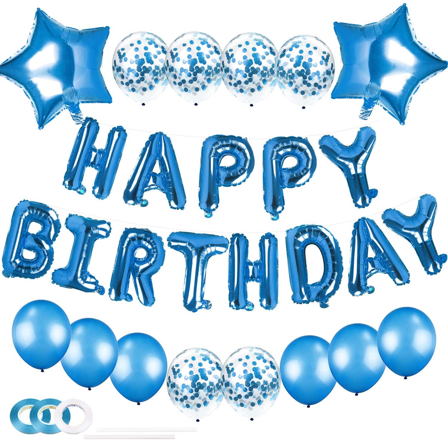 Happy Birthday Balloons Decorations Set Foil Mylar Letter Balloons Banner Latex Confetti Balloons For Birthday Party Supplies: Blue