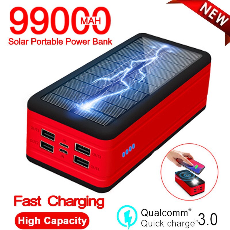 99000mAh Solar Power Bank bezprzewodowe szybkie ładowanie SOS LED Light przenośna ładowarka do telefonu zewnętrzna bateria do Xiaomi iPhone Samsung