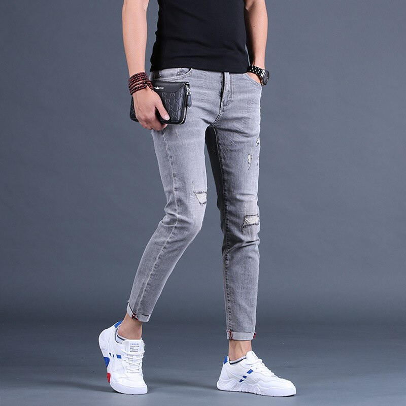 Pantalones vaqueros hasta el tobillo para hombre, ropa informal coreana, con agujeros rasgados, para verano, 2022