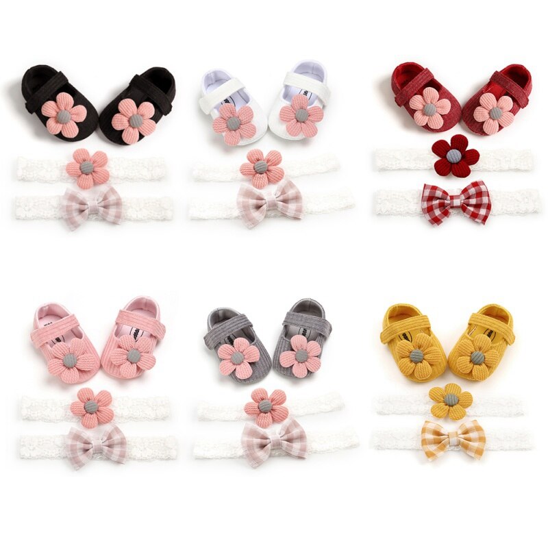 Nette Baby Mädchen Anti-Rutsch Erste Wanderer Schuhe Blume Sneaker Baumwolle Weiche Sohlen Schuhe 2 Stirnband passen Kleinkind schuhe