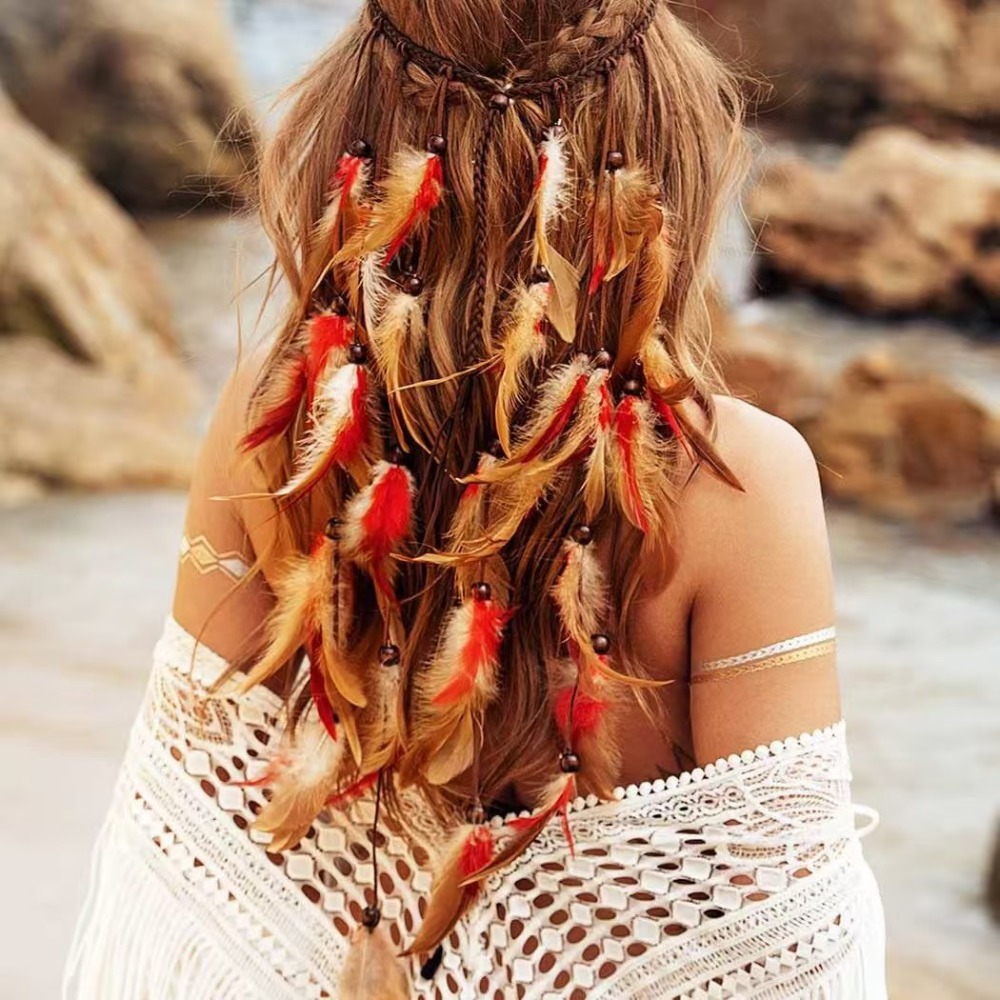 Tassel Feather Headband Adjustable Beaded Boho Style Headdress Ethnic Costume Rainbow Indian Headband Carnival