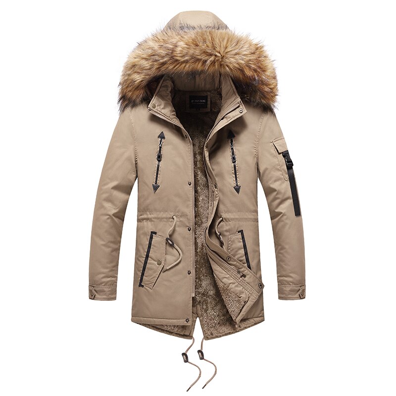 Miesten talvi parkatakki miesten pitkä takki puuvilla lämmin paksu rento parka miesten pitkä karvakaulus fleece tuulenpitävä hupullinen takki: Khaki / Xl