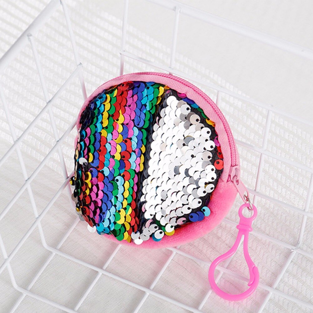 Women Kids Sequins Coin Purse Portable Round Zipper Purse Bags Pocket KeyChain Glittering Party Handbag Earphone Package: 7