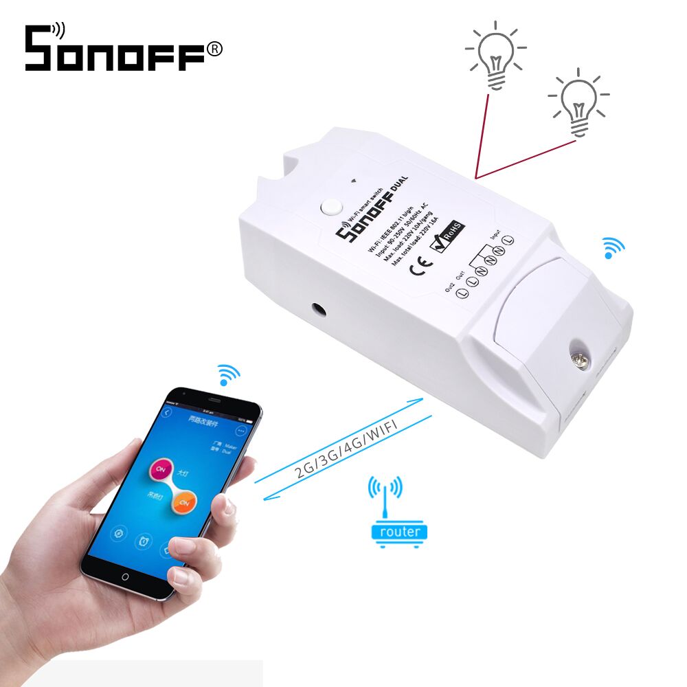 Sonoff dual 2ch wifi smart trådløs switch 15a 2500w/2 bande 10a 2200w/1 bande sonoff  ip66 vandtæt sag sonoff dr din skinne