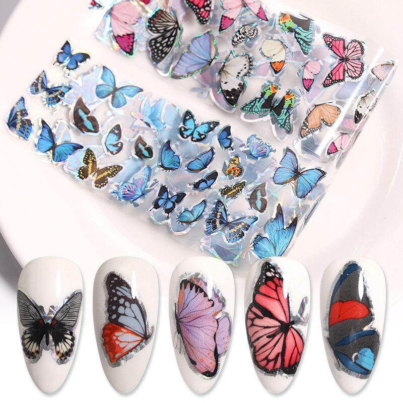 10 Stks/set Nail Stickers Kleurrijke Holographics Vlinder Transfer Stickers Nail Folies Decals Diy Nail Art Decoratie