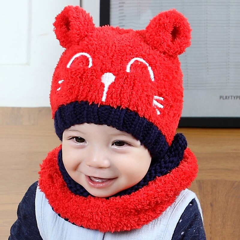 Gorro cálido de invierno para niño y niña, conjunto de bufanda, sombreros de lana tejidos para niña, gorro de gato de dibujos animados, gorrito para niño, gorro para niño: Rojo