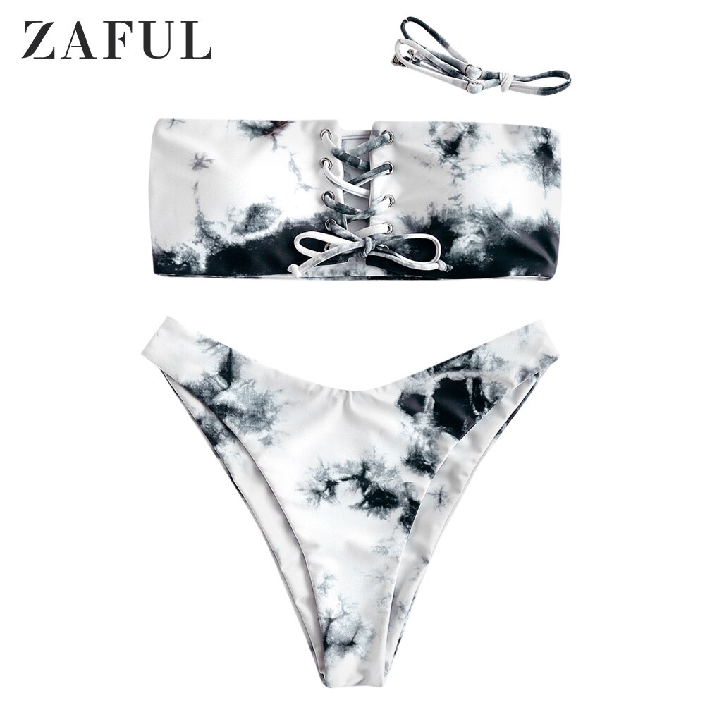 Zaful Tie Dye Lace Up Hoge Cut Bikini Badmode Twee Stuk Zwemkleding: Multi b / S