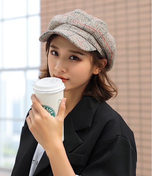 Casquete de tela a cuadros para mujer, gorra octogonal de otoño e invierno, sombrero de pintura de estilo Vintage, gorro de calle, gorra de vendedor de periódico