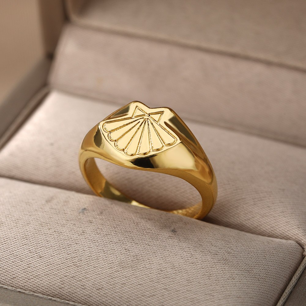 Klassische muschelringe für damen, Jahrgang-edelstahl-goldring Ich bin boho-stil, ehering-schmuck für paare