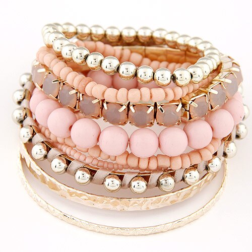 LEMOER Bohemian Candy Color Multilayer Beads Bracelet Bangles jewelry for women pulseras mujer wrist band: pink