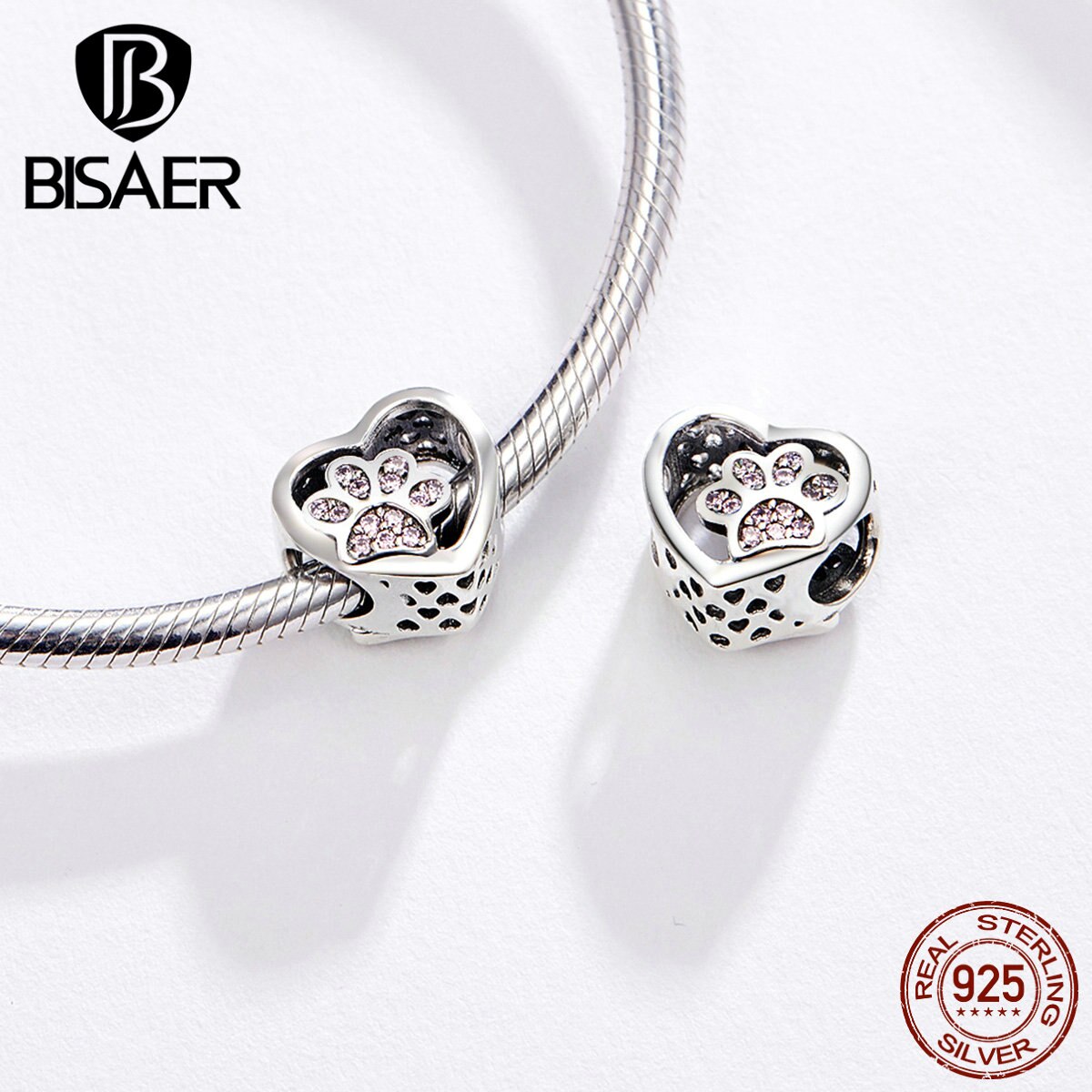 BISAER Dier Liefde Kralen 925 Sterling Zilver Hond Kat Voetafdrukken Charms fit Roze Zirkoon Armbanden DIY Sieraden Maken ECC1191