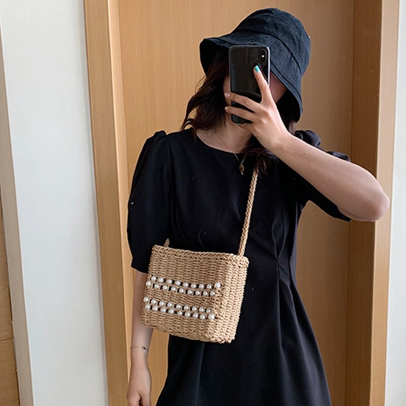 All-match fritid semester strand pärla väska dam liten fyrkantig väska halm axelväska handväska: Kaki