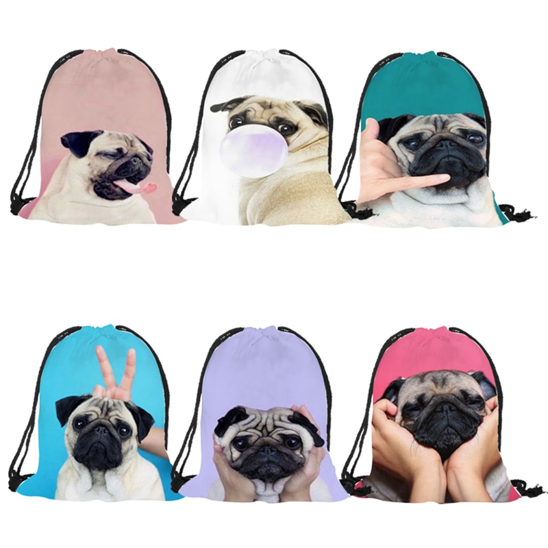 Pug Dog-Mochila con estampado 3D para mujer y niña, bolsa de viaje con cordón, de poliéster ecológico,
