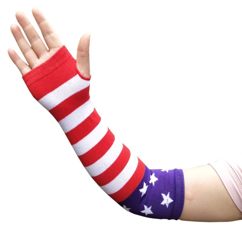 Women Girl Knitted Over Elbow Long Arm Warmers US Flag Rainbow Stripes Patchwork Fingerless Gloves with Thumb Hole Party Costume