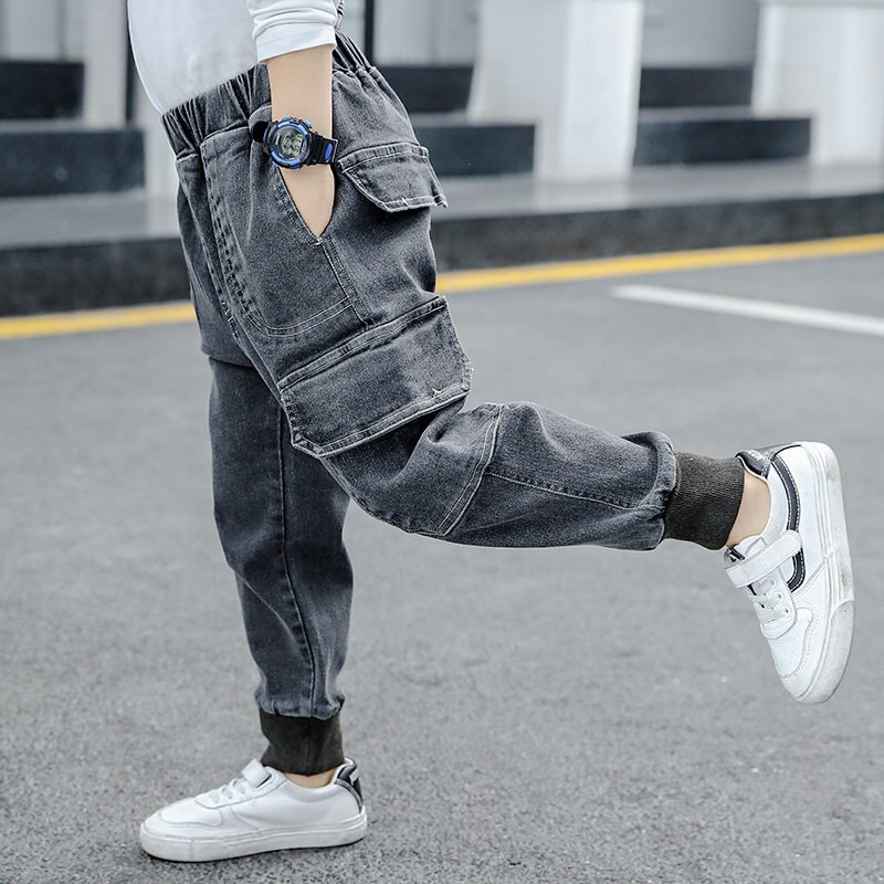 Kids Toevallige Zwarte Jeans Cargo Broek Voor Jongens Jongens Cargo Pocket Jeans Kinderen Kleding Fabrikanten China