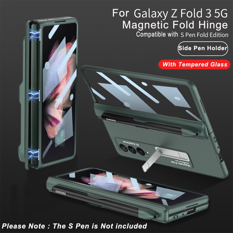 Magnetische Kickstand Pen Slot Telefoon Case Voor Samsung Galaxy Z Fold3 Vouw 3 5G Magnetische Fold Scharnier Case Armor shockproof Hard Cover: Green with Glass