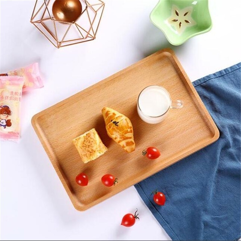 1pc Round Rectangular Wooden Tray Breakfast Food Dinner Dessert Tea Tray Wood Tray Family Kitchen Accessories Organizer