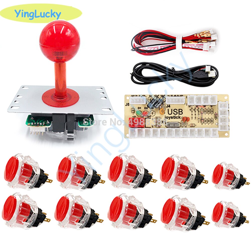 Kit de joystick d&#39;arcade avec encodeur USB, contrôleur PC + Joystick swan + boutons transparents pour jeux d&#39;arcade Mame raspberry pie: red