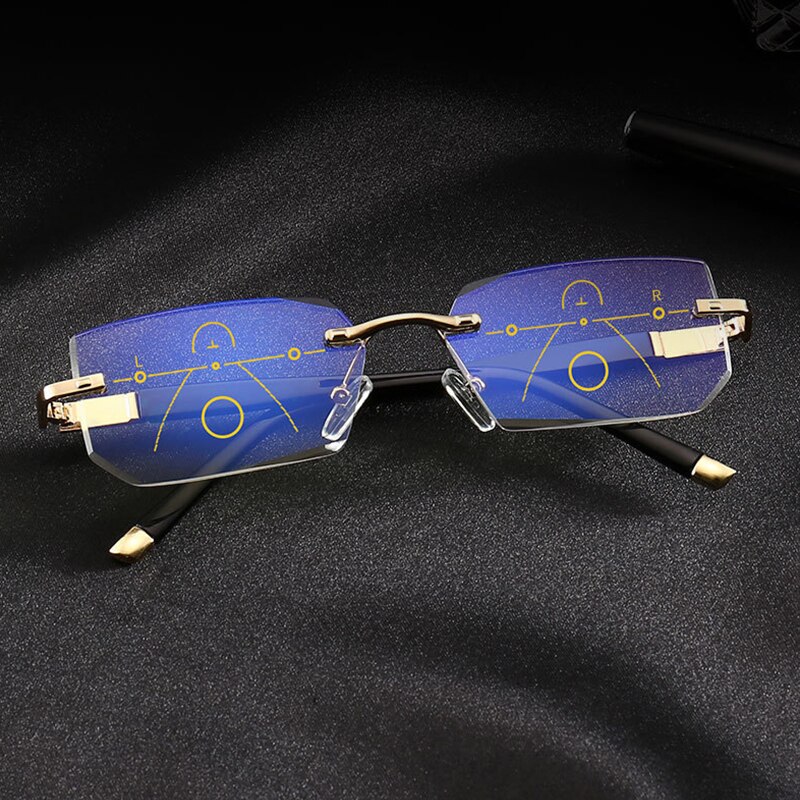 SOOLALA Rimless Progressive Glasses Multifocal Reading Eyeglasses Anti Blue Light Glasses Diamond Cutting Presbyopic Spectacles