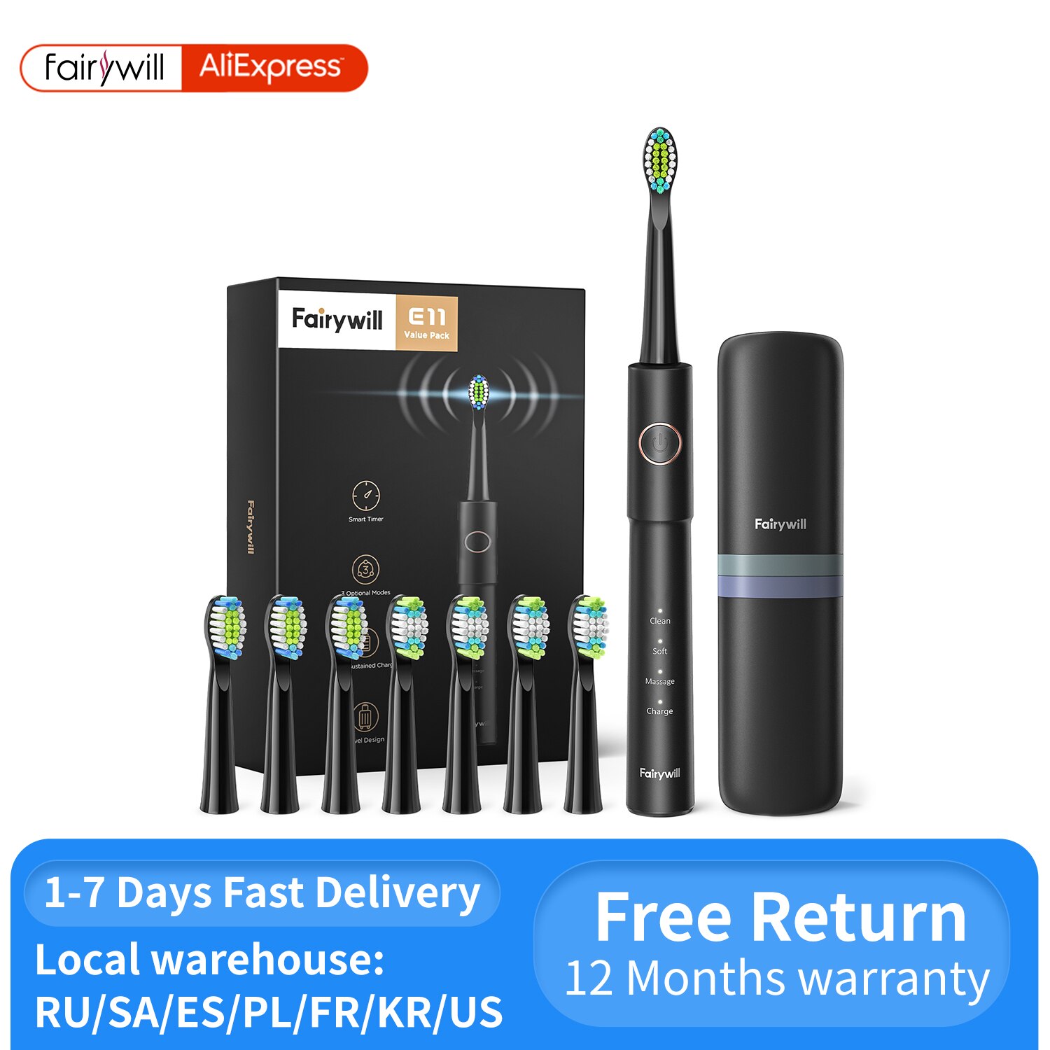 Spazzolino elettrico sonico Fairywill E11 spazzolino elettrico ricaricabile con ricarica USB impermeabile 8 testine di ricambio per spazzole per adulti