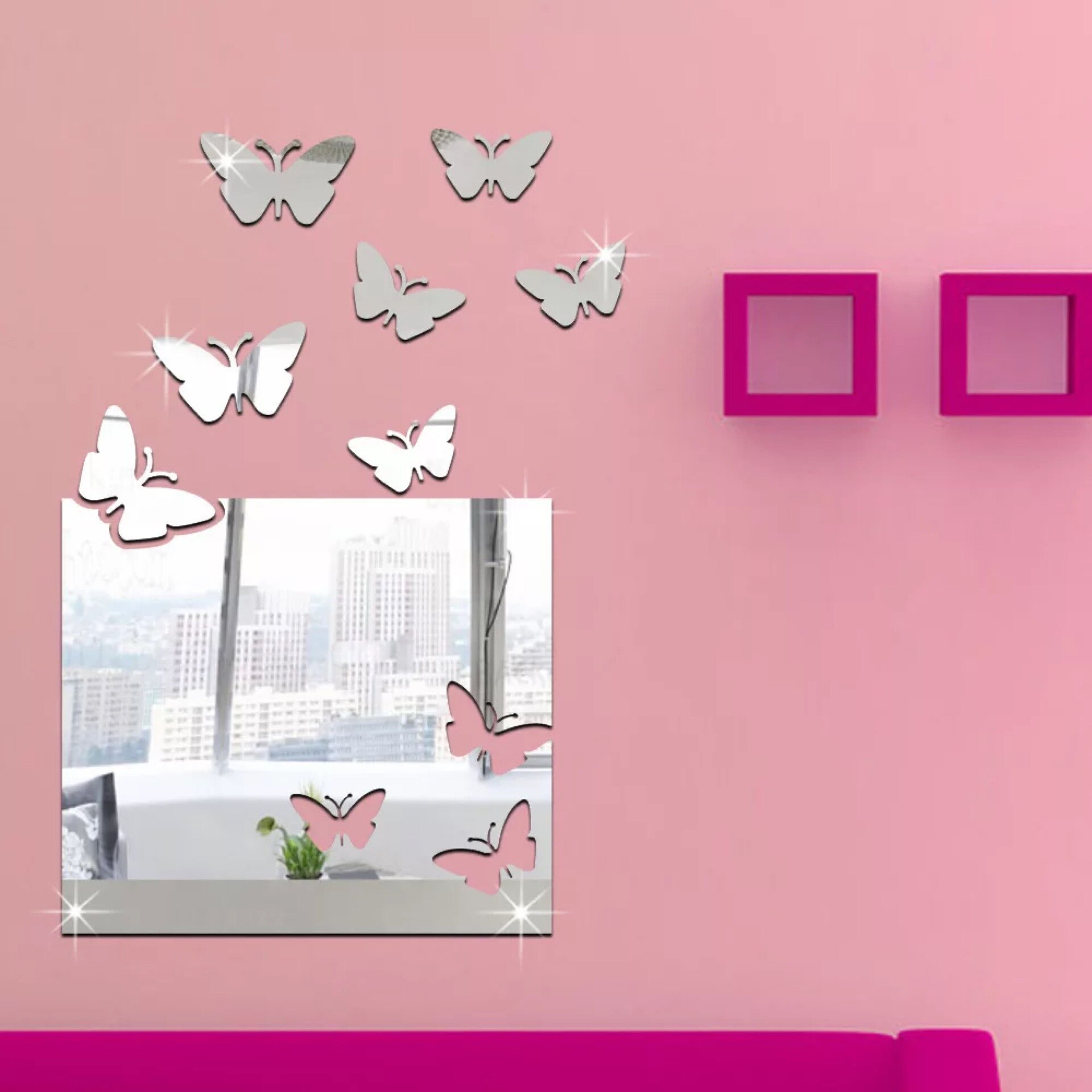 Heimat Dekorationen 3D Schmetterling Spiegel Zauberstab Aufkleber Acryl Spiegel Abnehmbare Aufkleber Zauberstab Abziehbilder Schlecht Baby freundlicher Zimmer Dekor: Silber-