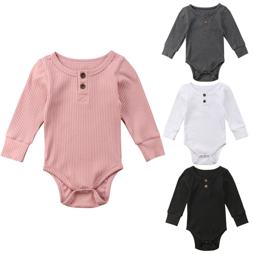 Helt nyfödd baby flicka pojke ribbad body volang i ett stycke solid jumpsuit långärmad outfit vårsoldräkt