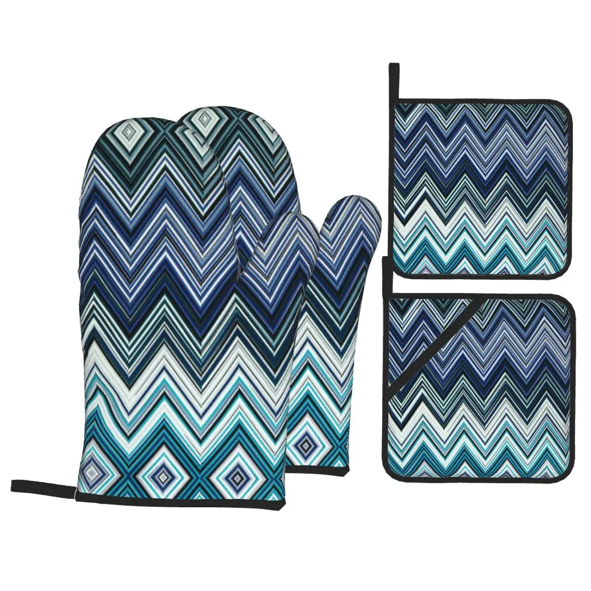 ZigZag Oven Mitts and Pot Holders 4pcs Set for Baking Cooking Non-Slip Heat Resistant Geometric BBQ Kitchen Gloves Potholders: Red