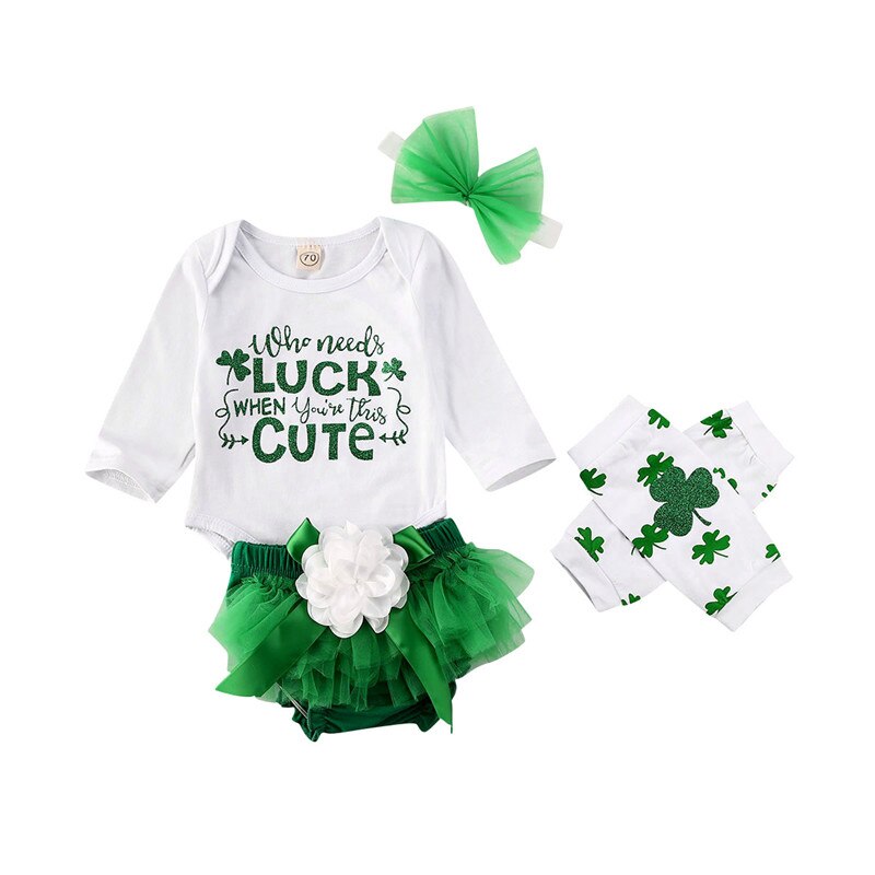Día de San Patricio niño niña camisetas de manga larga + pantalones cortos de malla + cubierta de pie + traje con diadema 4 Uds conjuntos de trajes