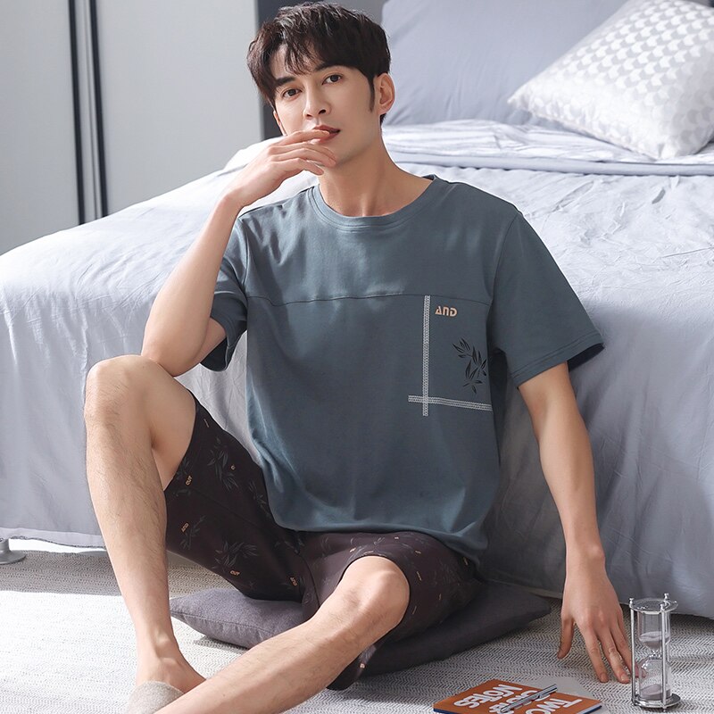 Pyjama 100% coton pour hommes, manches courtes, grande taille 4XL, vêtements de nuit, haut court + pantalon court, ensemble 2 pièces, été: 4XL