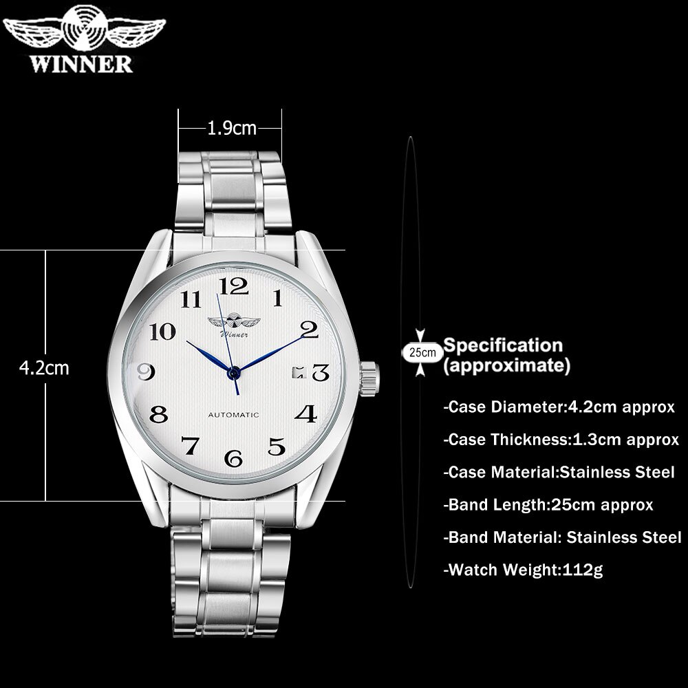 Winnaar Beroemde Mannen Mode Automatische Zelf Wind Horloges Witte Wijzerplaat Transparant Glas Silver Case Roestvrij Stalen Band