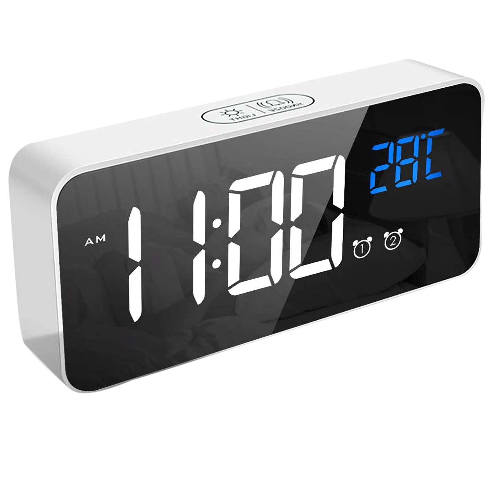 LED Mirror Alarm Clock Sound-Activated Clock Rechargeable Bedside Music Clock Multiple wake-up music#55: White 