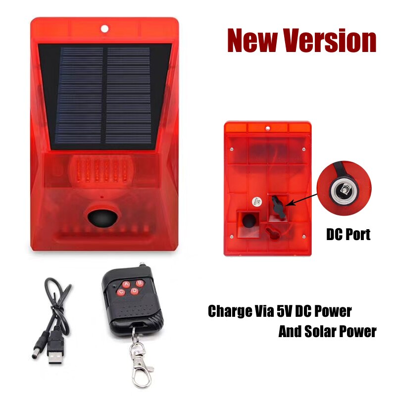 Alarma de movimiento PIR con energía Solar, Sensor de movimiento con Control remoto, 129dB, sirena estroboscópica para casa, jardín, cobertizo, caravana, sistema de alarma de seguridad: Alarm DC Version