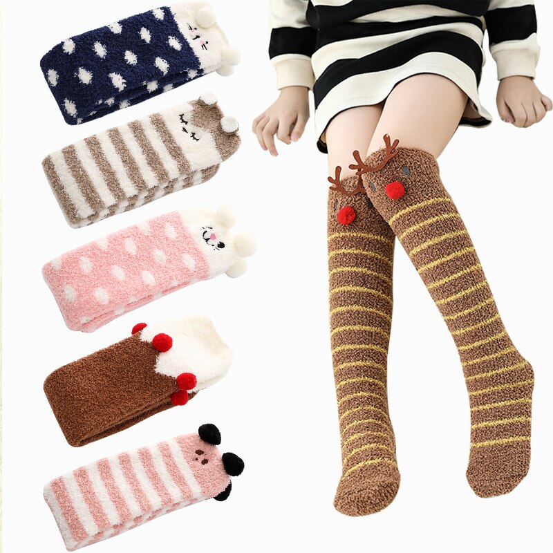 Sokk-chaussettes pour bébés | En molleton de corail, chaussettes à rayures de points, chaussettes pour enfants, chaussettes d'hiver et chaudes, pour bébés garçons et nourrissons, chaussettes tubulaires longues