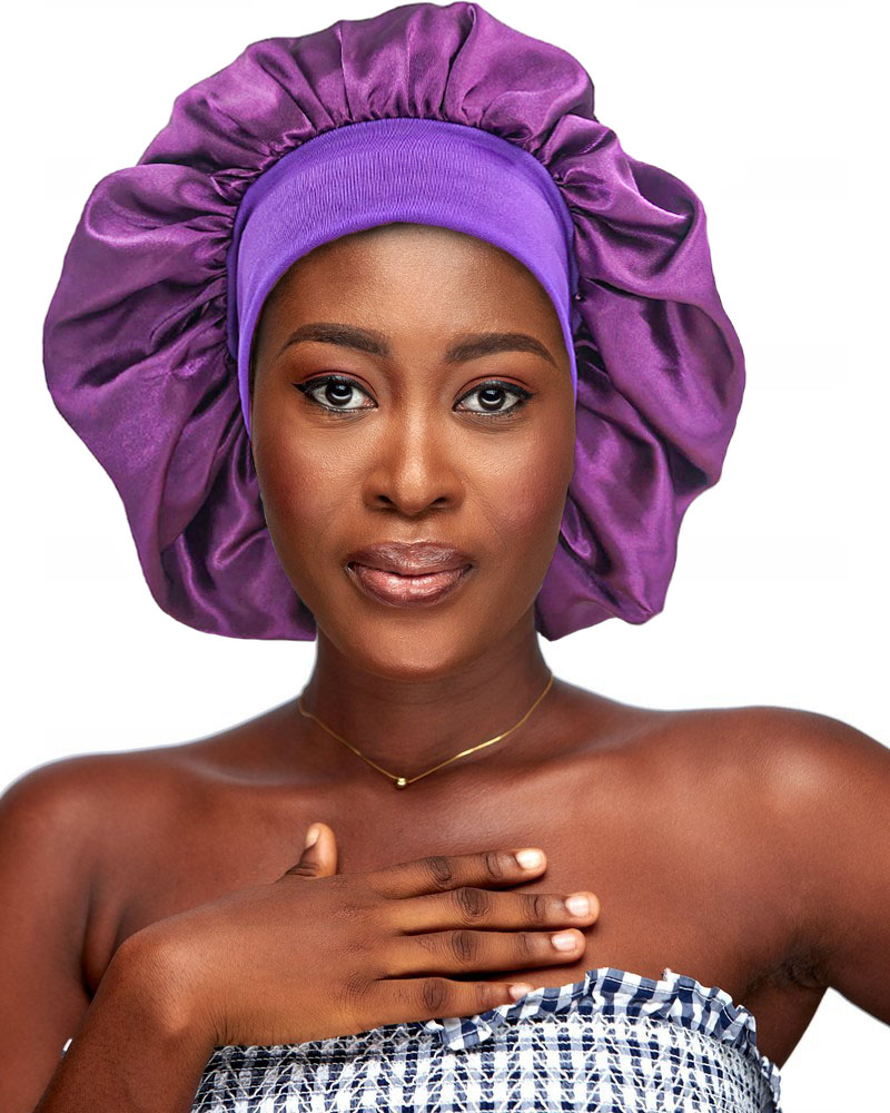 Gorro de satén grande, gorro de seda para dormir, gorro para dormir con banda elástica suave, gorros grandes para el cuidado del cabello de las mujeres: Morado