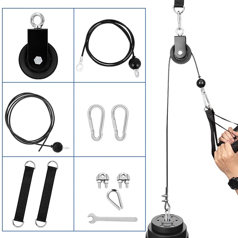 Fitness Pulley System, With 1.8M/2. Fitness Replacement Cable 360 Rotation Pulley Hanging Straps And Hoist Buckles