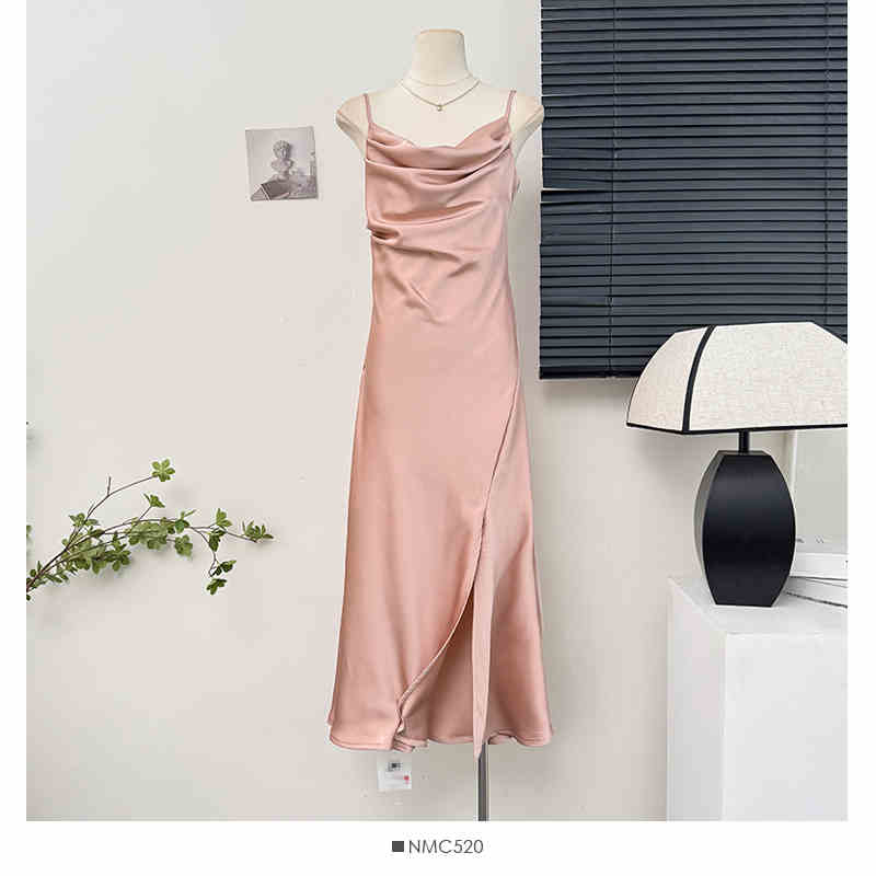 Kvinders stropkjole sommer pink satin split lone kjoler luksuriøse sexede festkjoler højtaljede slanke kjoler: S / Blå