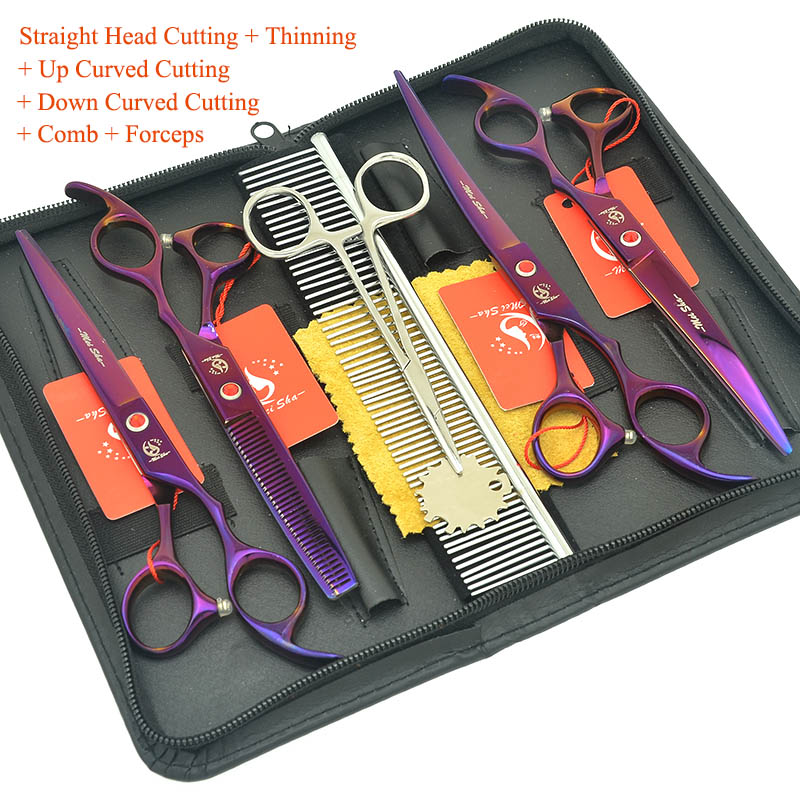 Meisha 7" Pet Grooming Shears Set Animal Straight& Thinning & Curved Scissors with Comb Bag Dog Accessories HB0233: HB0235 with bag